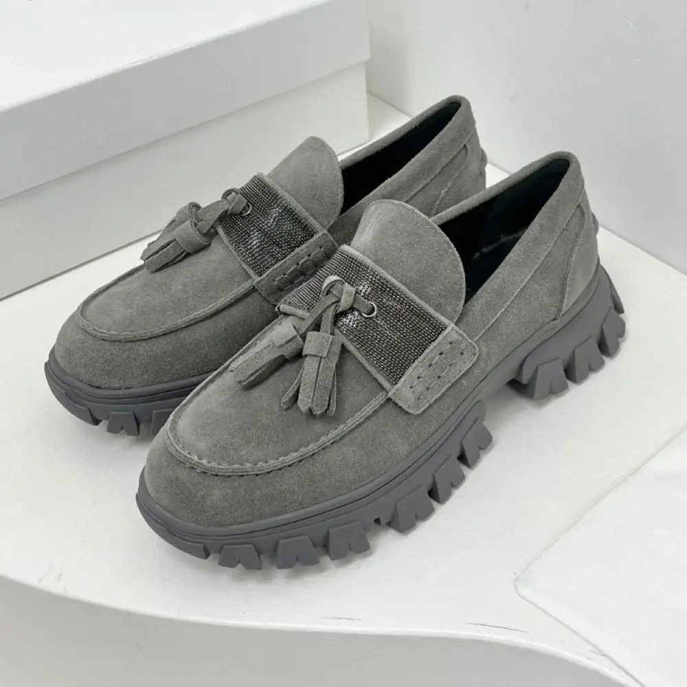 Bead Chain Women's Suede Shoes Tassels Stitching Fashion Ladies Loafers 2