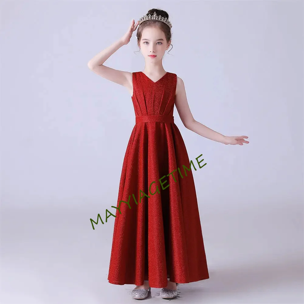 

Shiny Pleat Junior Bridesmaid Dresses 2023 Sleeveless Flower Girl For Wedding V Neck Kids First Communion For Teens