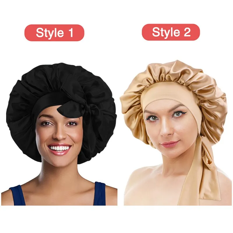 New Large Satin Bonnet Silk Night Sleeping Cap Long With Head Tie Band Edge Wrap For Women Curly Braid Hair 2