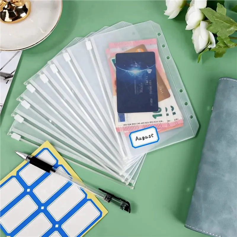100PCS A6 바인더 포켓 6홀 바인더 파우치 지퍼 폴더 6링 바인더용 PVC 현금 예산 봉투 지퍼 백