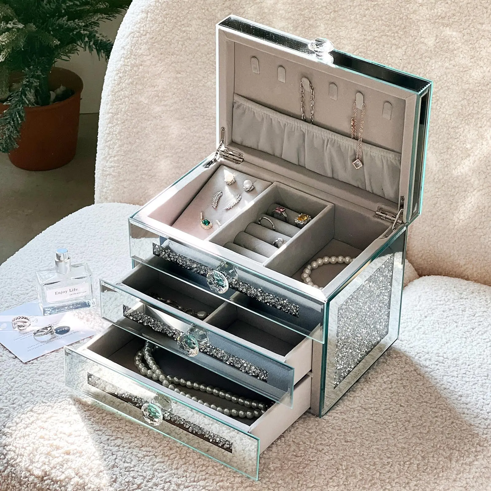 Mirrored Jewelry Box,3-Layer 2 Drawers Glass Jewerly Organizer with Lid,Necklace Ring Earring Storage Boxes,Silver Crushed Diamo