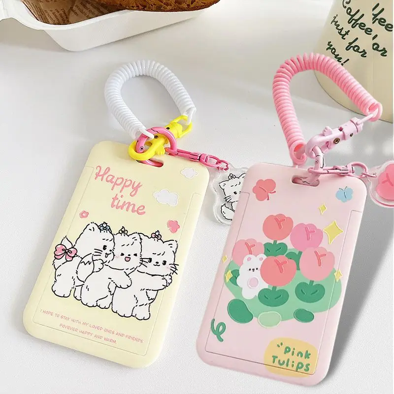 INS Kitten tulip Photocard Holder Cartoon Ins Idols Cards Cover with Keychain Students Card Protectors ID Bank Cards Case acrylic display holder,display case