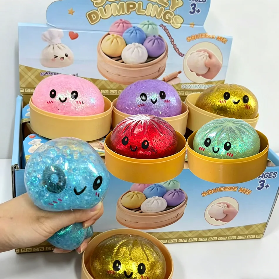 New 1-12pcs Glitter Dumpling Squishy With Box Dumplings Sensory Squeeze Toy For Stress Relief_voghion.com