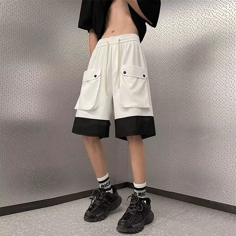 

2023 New Summer Men's Shorts Black and White Patchwork Elastic Waist Baggy Shorts Basketball Sweatpants Streetwear