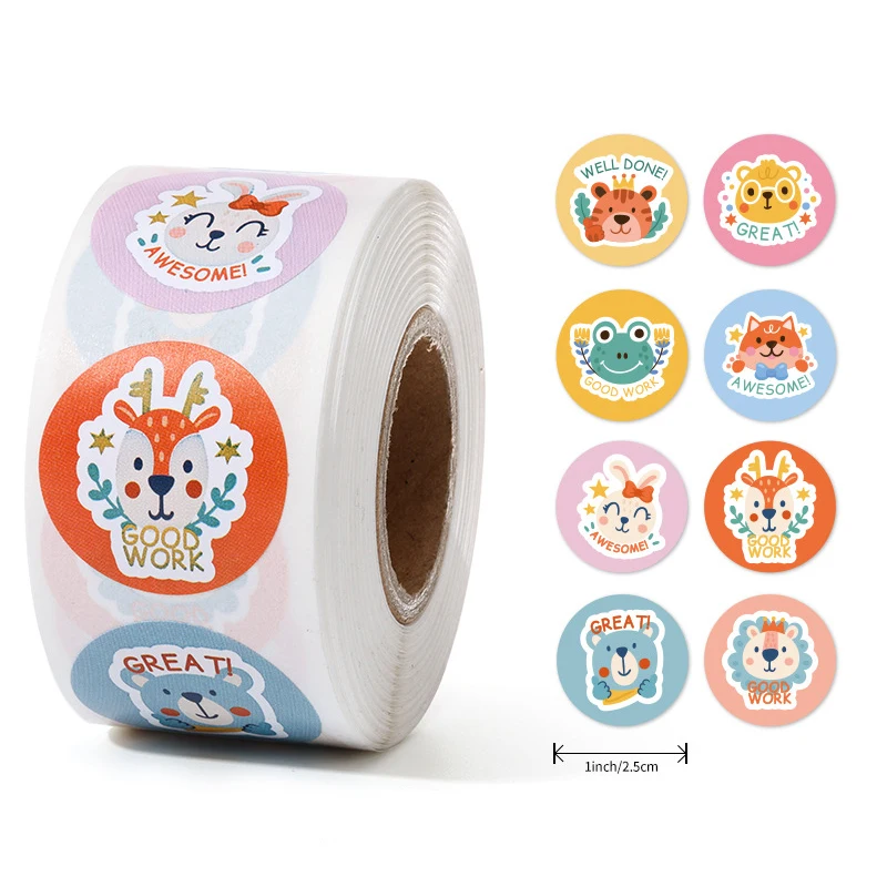 

50-500pcs Round Reward Stickers for Students Teachers Encouragement Sticker Roll Kids Motivational Stickers with Cute Animals