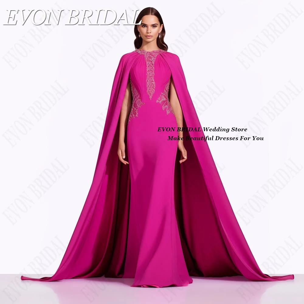 

EVON BRIDAL Arabic Women Fuschia Evening Dresses With Shawl Wedding Party Gowns O-Neck Lace Mermaid robe de soirée de luxe 2024