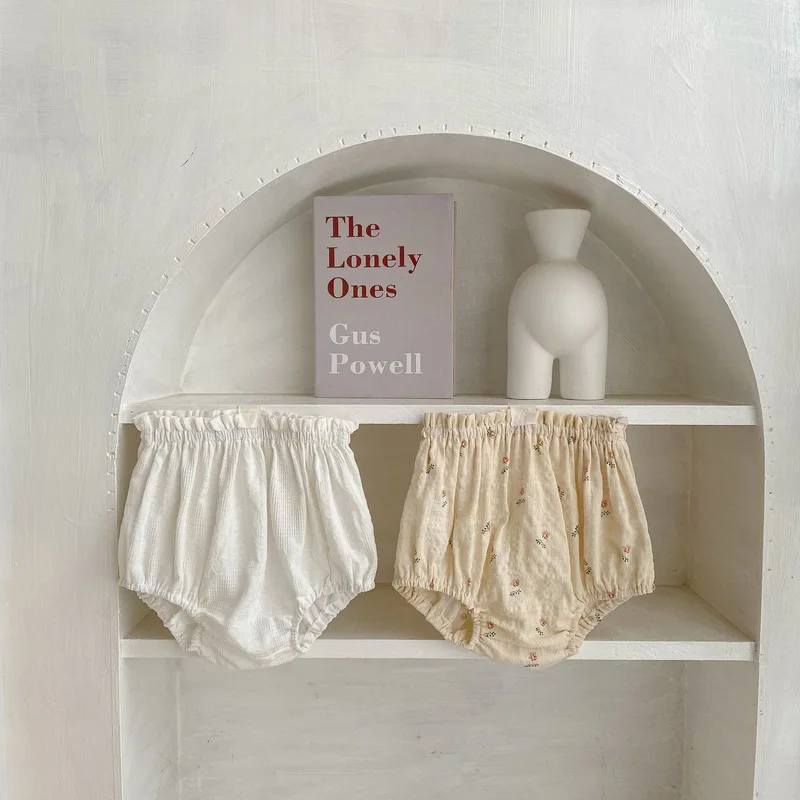 New Summer Baby Girl Boy Shorts Beige Apricot Floral High Waist Diaper Covers Stringy Selvedge PP Pants Children Clothes E24070