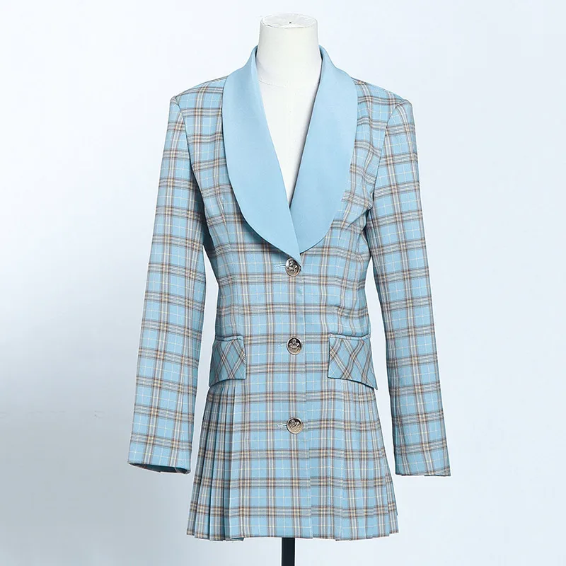 

High Quality Blazer Dress Office Ladies Elegant Dress Women 2023 Autumn Plaid Notched Collar Single Breasted Pleated Mini Dress