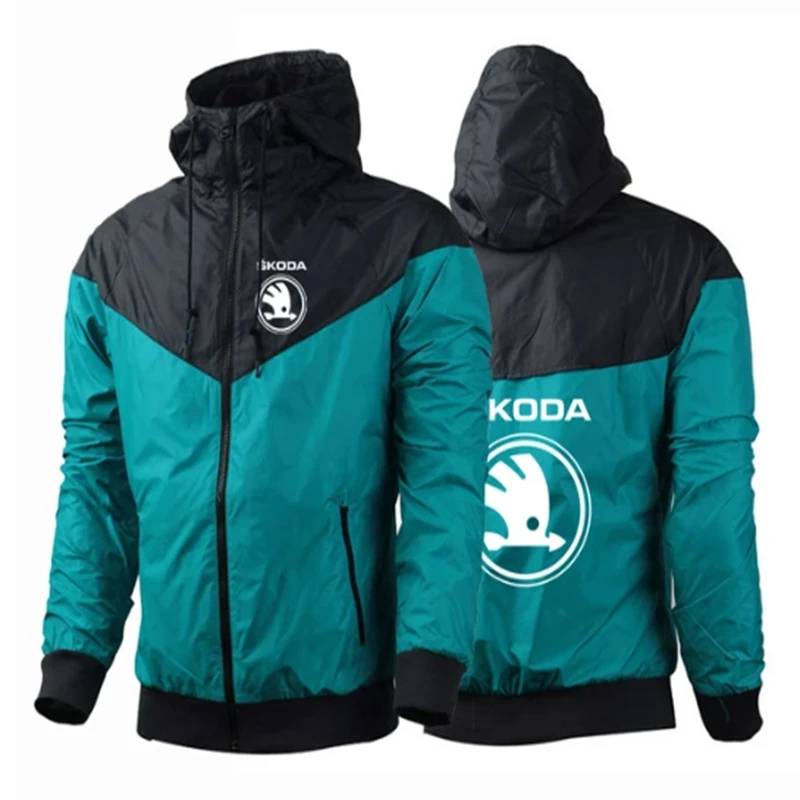 NEW Men Fashion leisure Spring Autumn Skoda Logo Thin Stly Hooded Waterproof Sport Hight Quality Color Windbreaker Jacket Coats 2