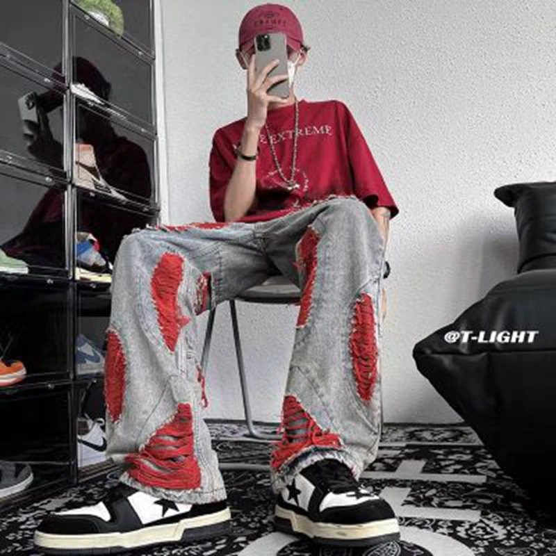 

Y2K Street Jeans Men Retro Worn Line Stitching Trousers Jeans Harajuku Men Trend Baggy Jeans Fall Guys Ripped Hole Jean Pants