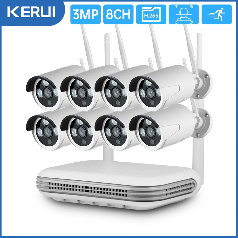 KERUI H.265 8CH Outdoor WIFI Wireless MINI NVR 3MP Security Camera System Video Surveillance Kit Face Detect Recorder CCTV best wired security camera system Surveillance Items