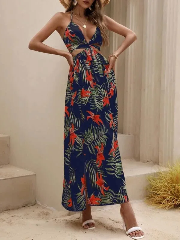 Print Halter Neck Slit Dresses Women Sexy Deep V-neck Hollow Out Backless Bowknot Leace-up Long Dress Female Streetwear Vestidos 29 undefined