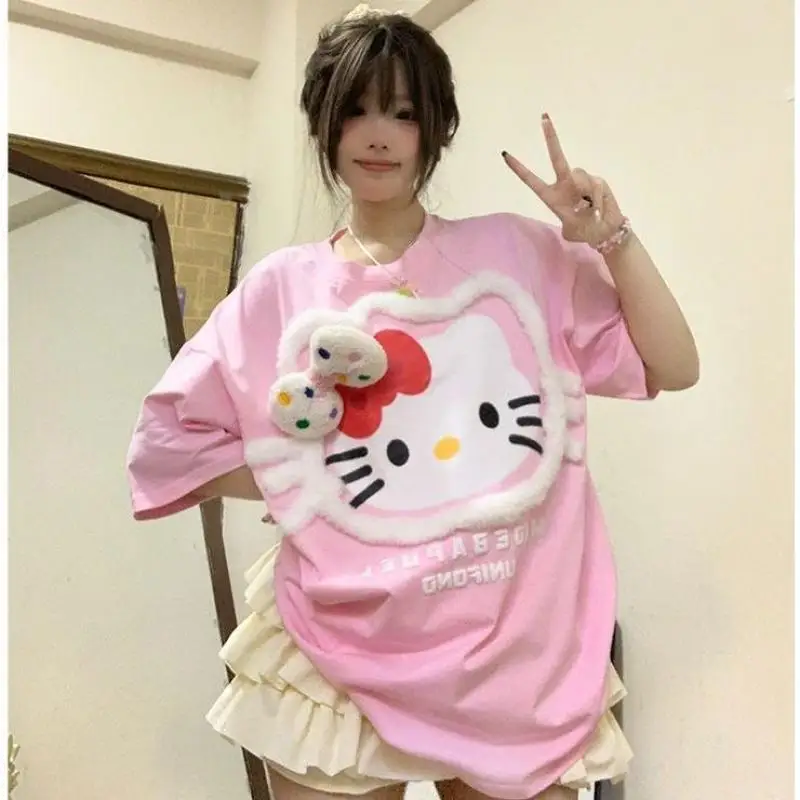 

New Fashion Sanrio Hello Kitty Short Sleeve Cartoon Embossed Round Neck Casual Loose T-Shirt Y2K Couple Short Sleeve Tops Gifts
