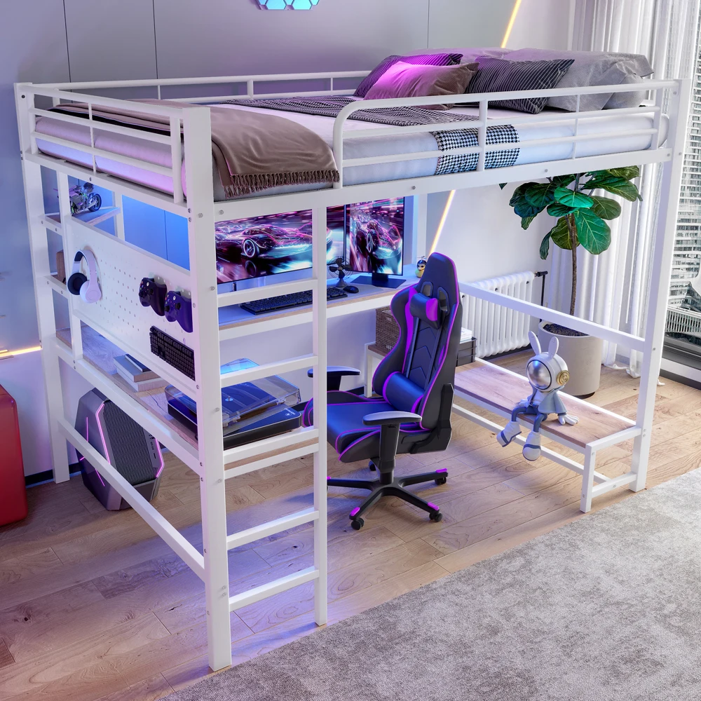90 x 200 cm großes Hochbett, Eisenrahmen, Schreibtisch, Geländer, Rolltreppe, mit USB+Typ-C-Buchse und LED-Leiste, mit perforiertem Brett, ohne Matratze – Detail 32