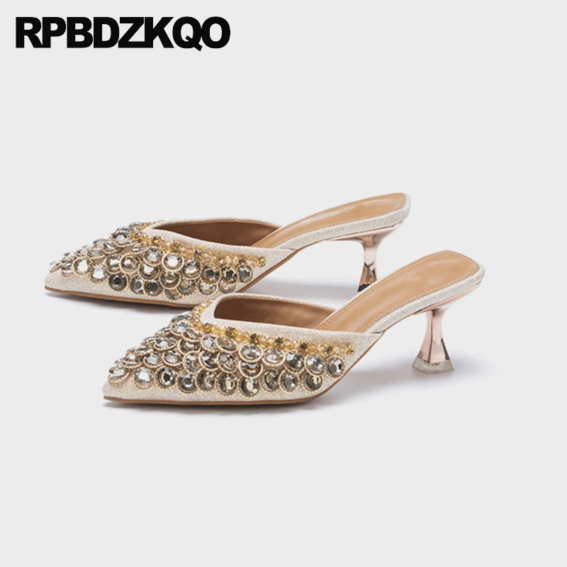 

Pumps Slides Mules Rhinestone Diamond Crystal Slippers Closed Toe Shoes High Heels Metallic Half Stiletto Women Jewel Sandals