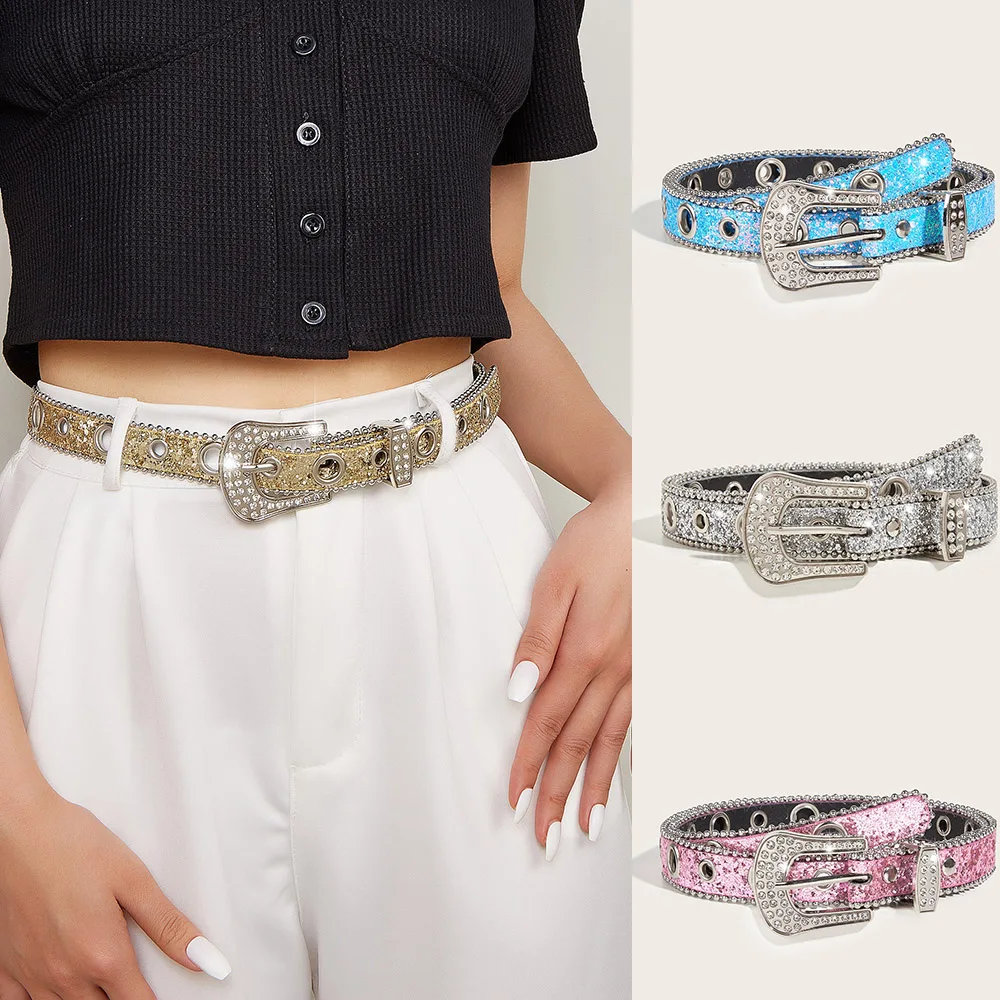 

Rhinestone Studded Belt Delicate Waistband Adjustable Wear Resistant Women Belt Rhinestone Studded Faux Leather Belt