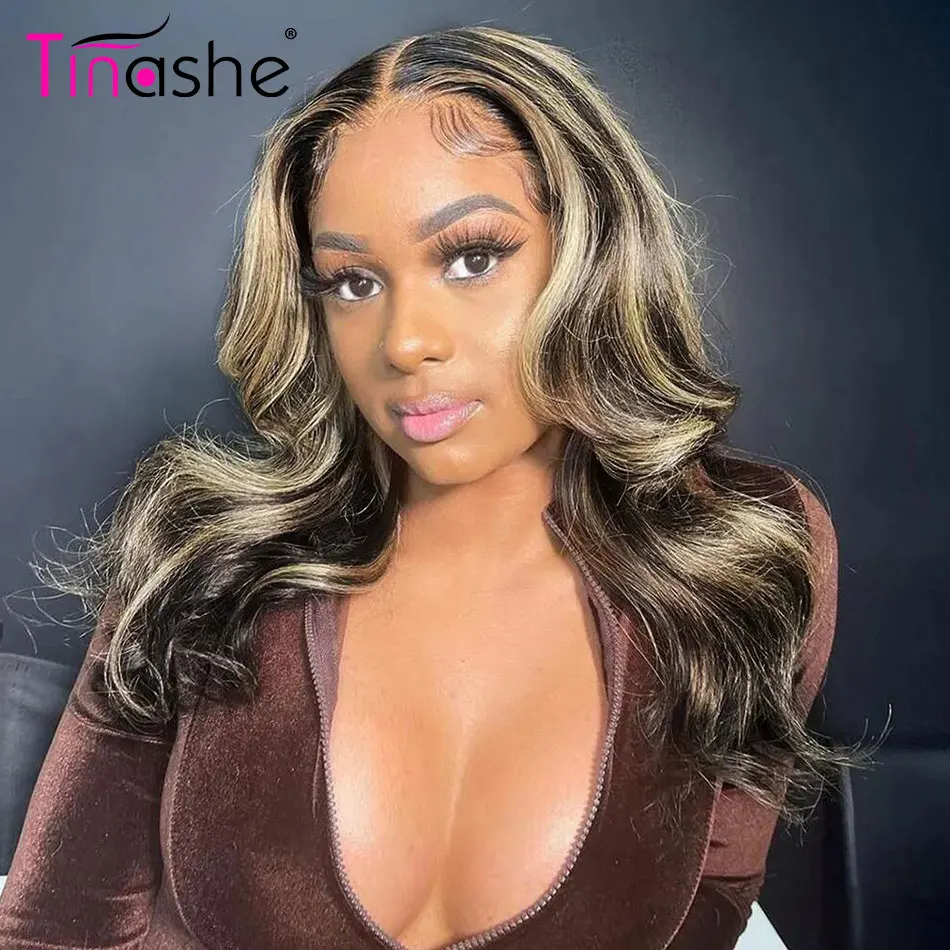 Tinashe Layered Cut Highlight Loose Wave Wig Pre Bleached Human Hair Wigs 200 Density Glueless 6&times;5 HD Lace Closure Wig
