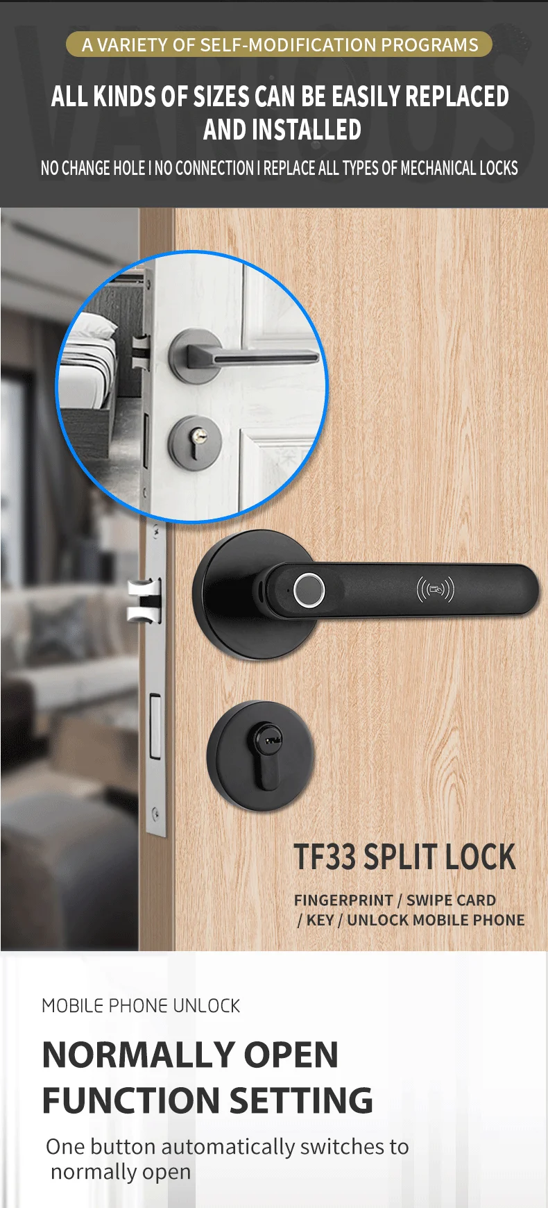 Tuya Biometric Electronic Lock Digital Smart Door Lock Fingerprint Password Entry Door Knobs lock for Bedroom Home Office