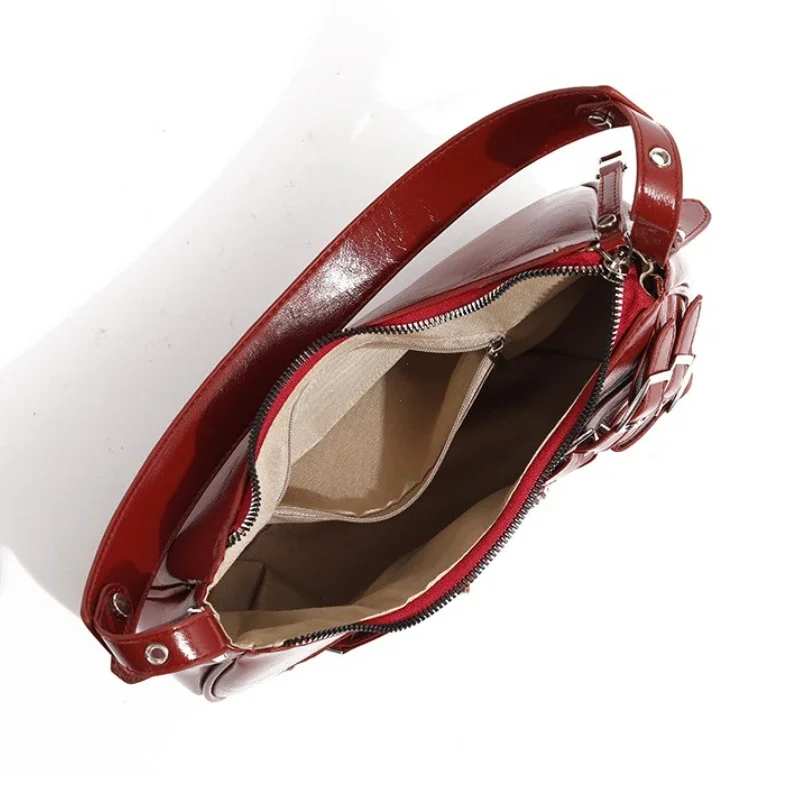 New Fashion PU Leather Underarm Bags for Women Pleated Design Cool American Motorcycle Bag Vintage Y2K Ladies Shoulder Bag