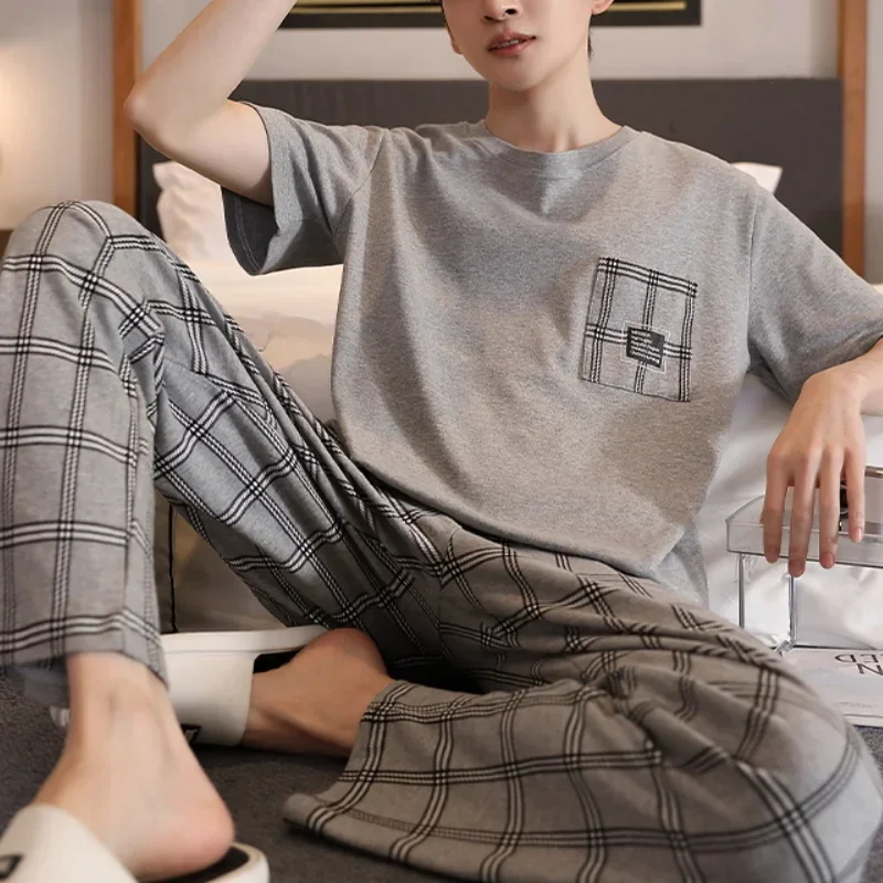 Summer Knitted Mens Pyjamas Pajamas Casual Pjs Lounge Sets Masculine Plaid Sleepwear Nightwear Pijamas Homewear 5XL pajama sets