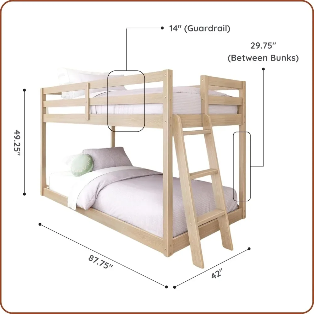 NEW-Grain & Grove Bear Twin Over Twin Bunk Bed, Low Bunk Bed Frame for Kids, Bunk with Ladder, Guardrail and Slats, No Box Sprin