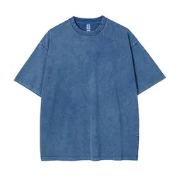 Classic Vintage-Style Distressed Heavyweight Cotton T-shirt with Custom Logo - XXXL (Dark blue)