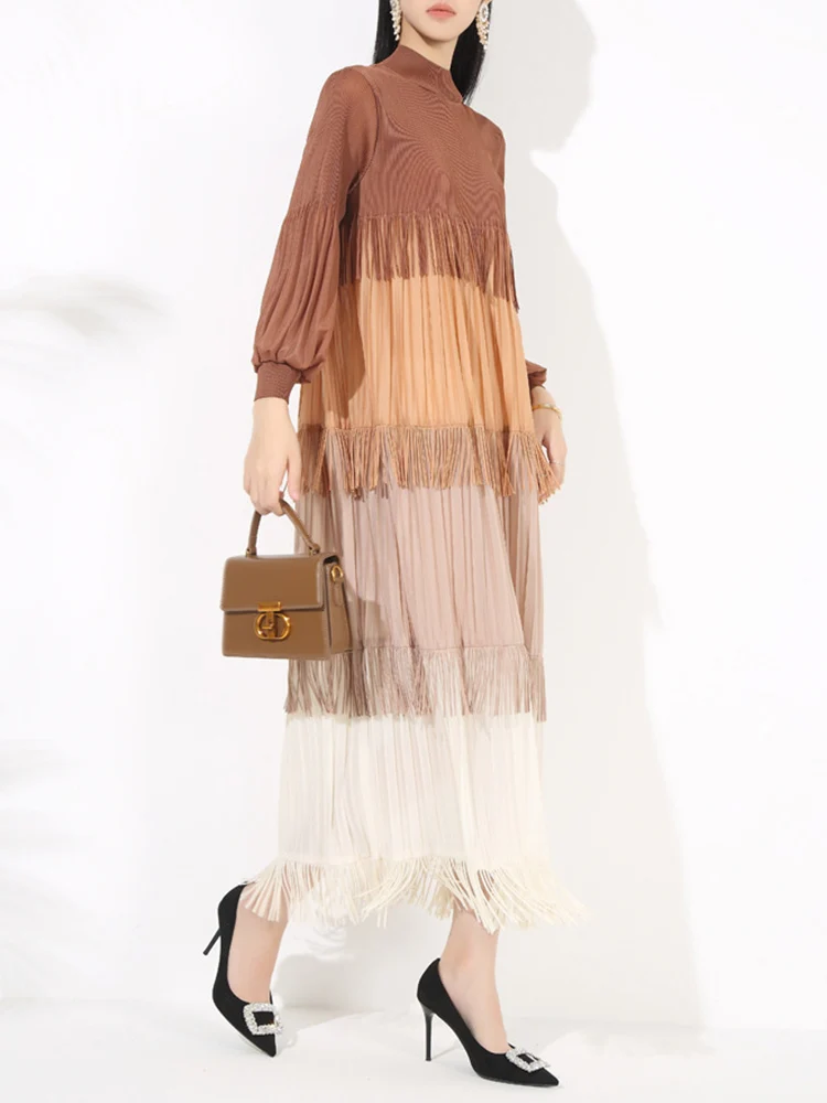 LANMREM 2025 Spring Pleated Long Dress For Women Contrast Color Tassel Design A-line Dresses Elegant Party Clothing 2VV2055 - Image 6