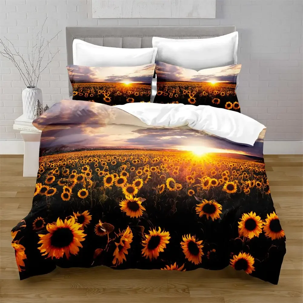 Sunflower Duvet Cover Set Yellow Flowers Lush Sunflowers In The Field Bedding Set Microfiber Botanical Floral Print Quilt Cover