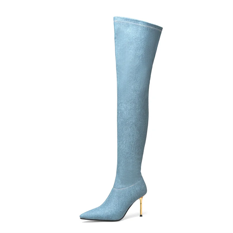 

Over The Knee Women Boots 2023 Winter Luxury Heel High Denim Sexy Thin Heels Pointed Toe Women Shoes Plus Size 46 Dropshopping