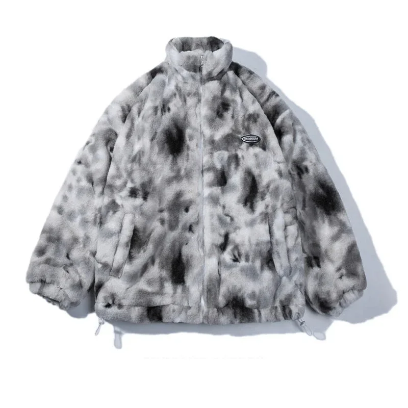 

Gmiixder Quilted Tie-dyed Imitation Rabbit Lamb Jackets for Men Women Loose Stand-up Collar Plush Warm Woolen Coats Fake Fur