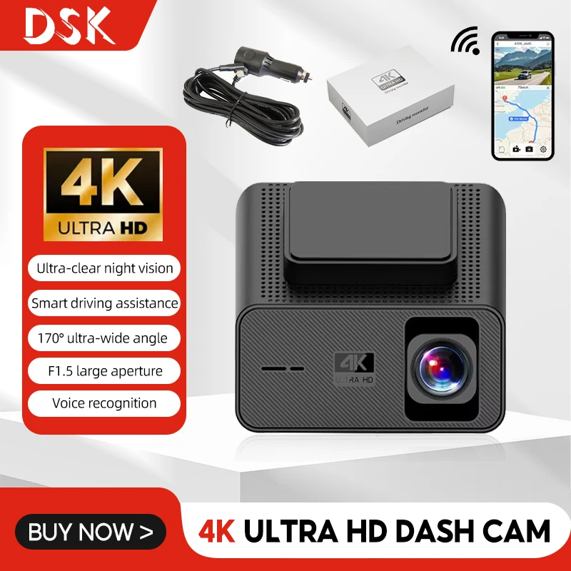 4K Ultra HD Dash Cam Night Vision 170&deg; Wide Angle Dash Camera 2.4G Wifi Smart Connectivity Drive Recorder Car DVR