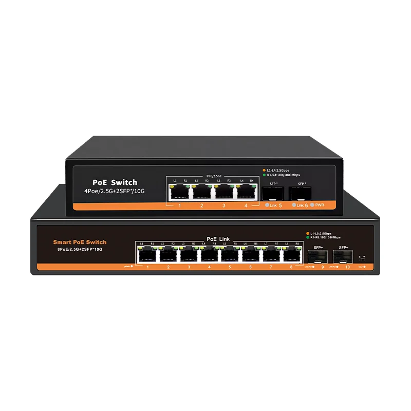 10G 업링크 2.5G PoE 스위치 4/8 포트 2.5GBASE-T 10G SFP+ 슬롯 75W IEEE802.3af/at WiFi 6e AP, VoIP 전화, 감시용 PoE 카메라용