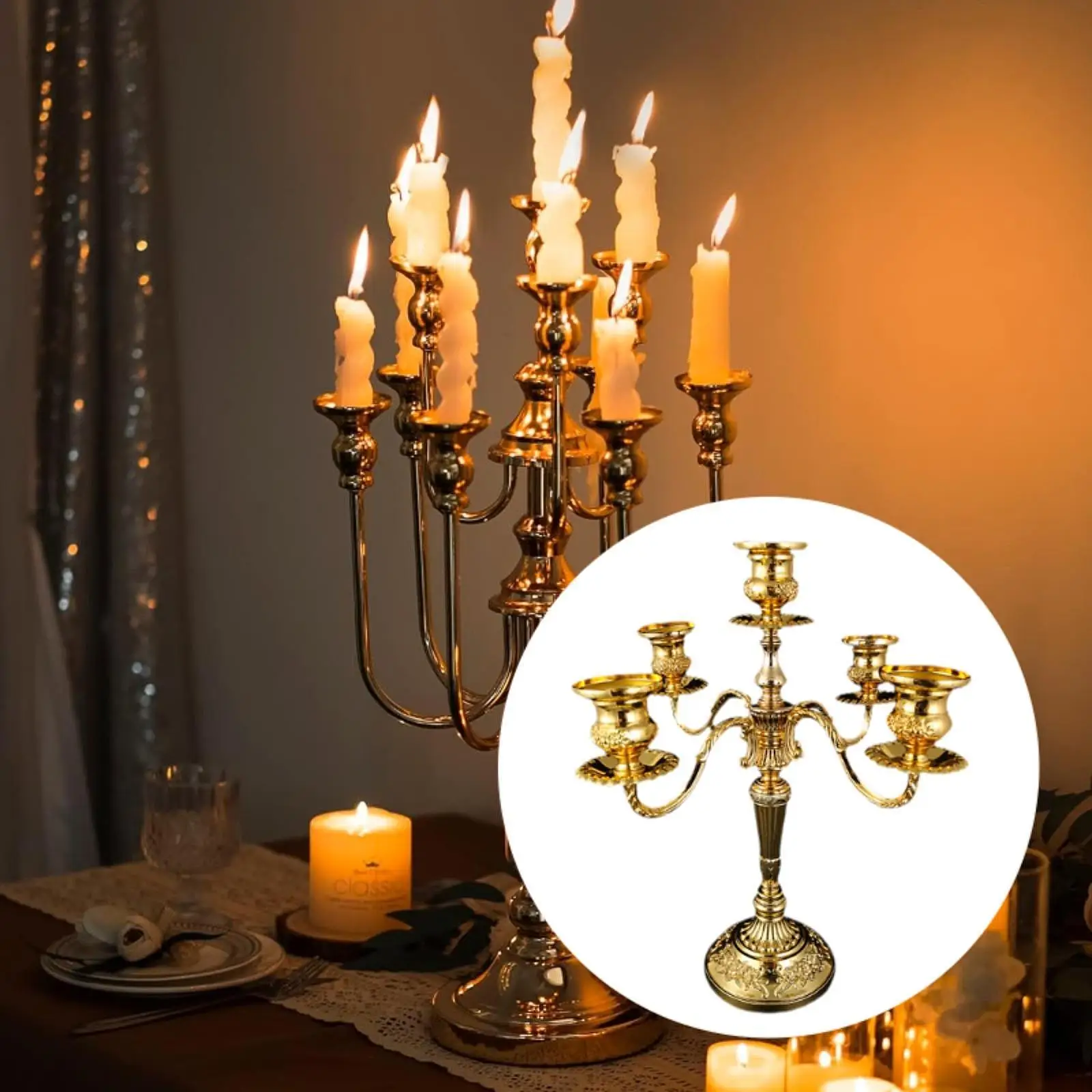 Candle Holder 5 Arms Elegant Metal Candelabra for Dinner Fireplace Holiday