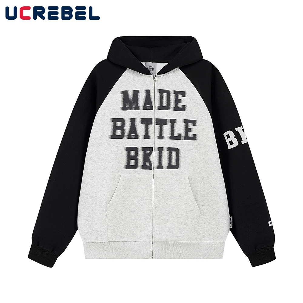 

Letter Print Hooded Sweatshirts Mens Autumn Casual Contrast Paneled Vibe Style Raglan Sleeve Zipper Outerwear Men