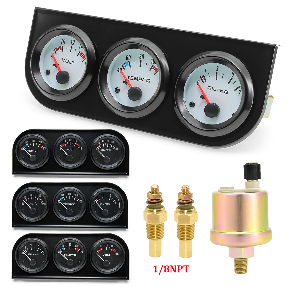 Oil Temp Oil Pressure Volt Meter 52mm 3 in 1 Car Modification Gauge Black Chrome Bezel Face with Temp Press Sensor Customized
