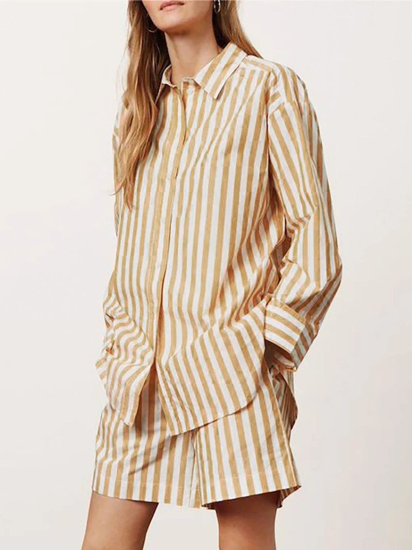 Marthaqiqi Striped Women Sleepwear Suit Long Sleeve Pajama Turn-Down Collar Nightgowns Shorts Fashion Ladies Nightie 2 Piece Set