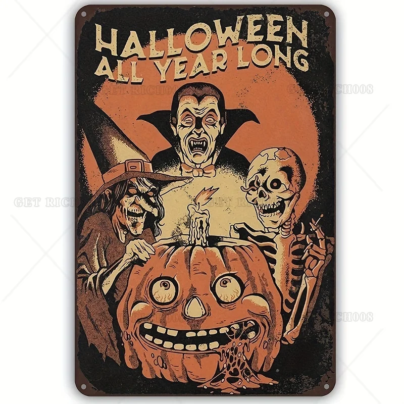 

Halloween All Year Long Vampire Devil's Night Tin Sign Funny Vintage Metal Sign for Yard Home Kitchen Bathroom Bedroom Farm