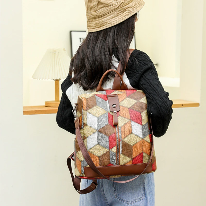 Fashion Plaid Backpack Women Soft PU Leather Daypack Female Large Rucksack Travel Bag Ladies Bagpack Big School Backpack for Gir