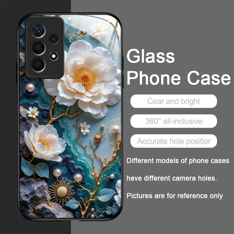 White Camellia Marble Texture Tempered Glass Phone Case