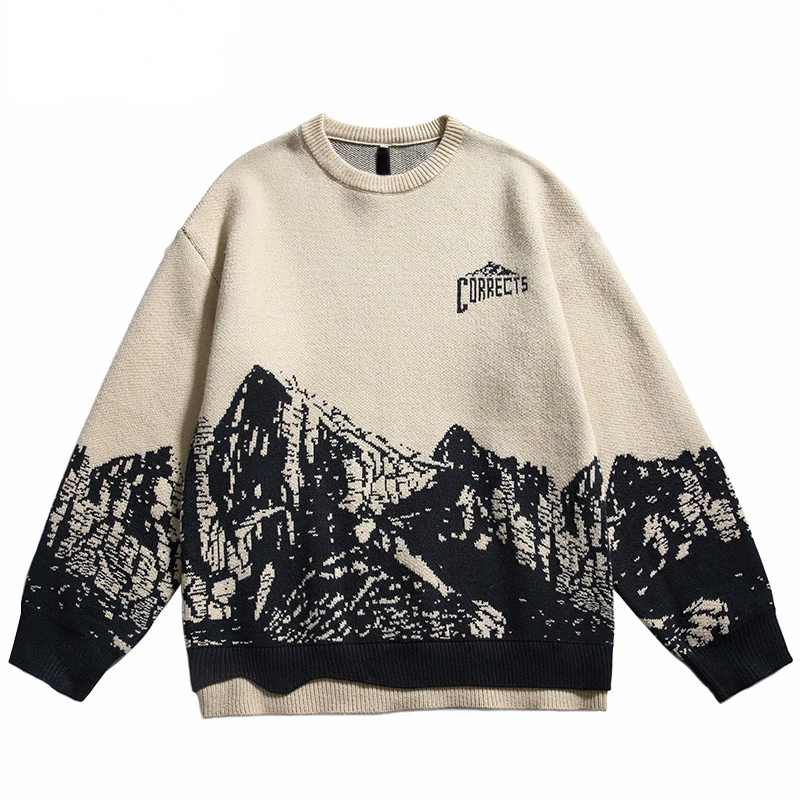 

2023 Men Sweater Streetwear Retro Mountain Graphic Knitted Sweater Harajuku Pullover Casual Cotton Sweater Hip Hop Hipster