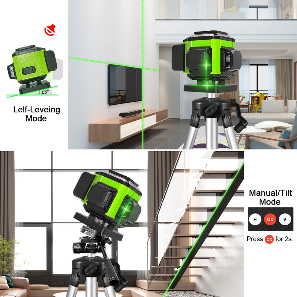 Laser Level 16/12 lines Self-leveling Remote Control Outdoor Mode-Receiver Auto 3x360 Green beam
