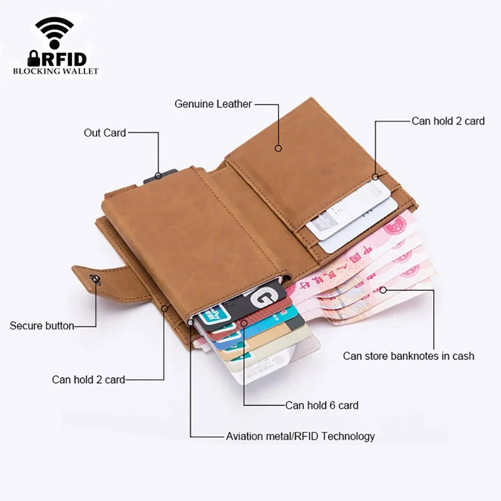 Customized Logo Credit Card Holder Genuine Leather Crazy Horse Wallet RFID Anti-thelf Aluminium Box Card Case Wallet Coins Purse