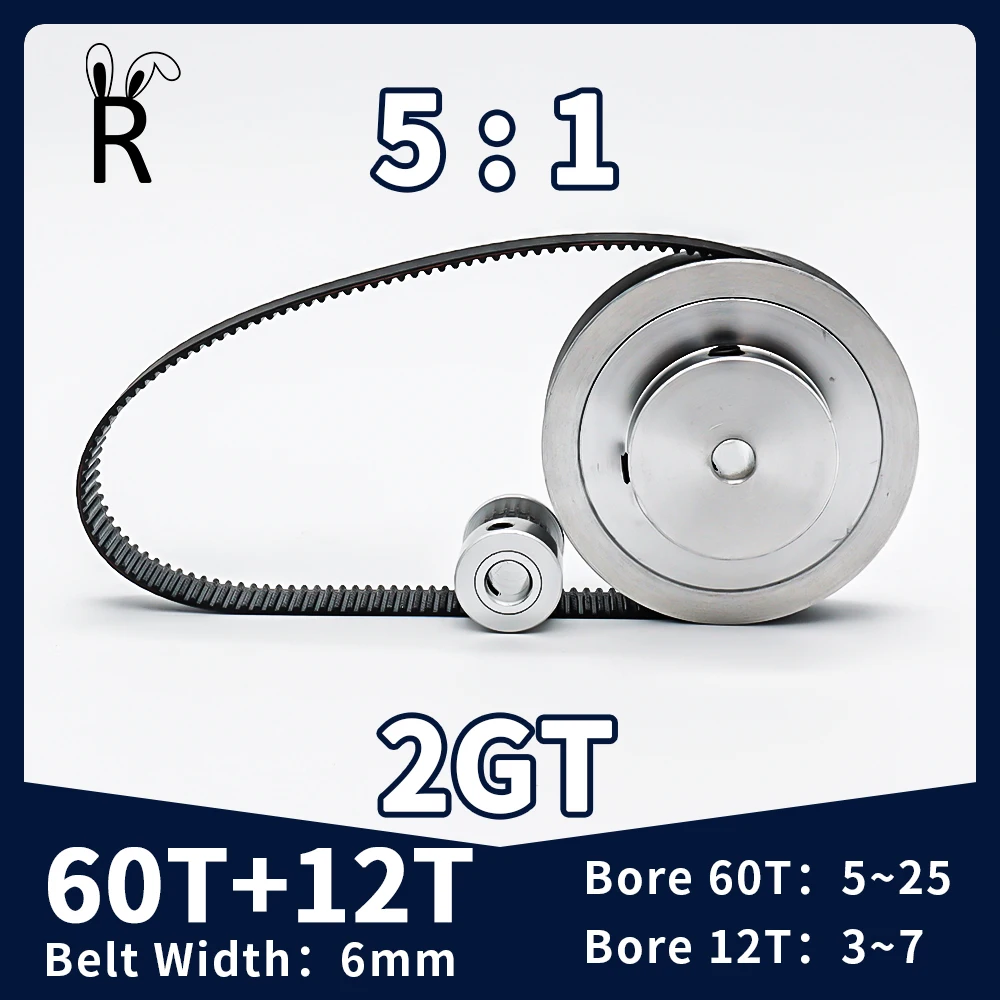 

60T 12Teeth GT2 Timing Belt Pulley Set Tensioning Wheel Bore 3~25mm Reduction 5:1 Belt Width 6mm Synchronous Pulley Belt Kit 2GT