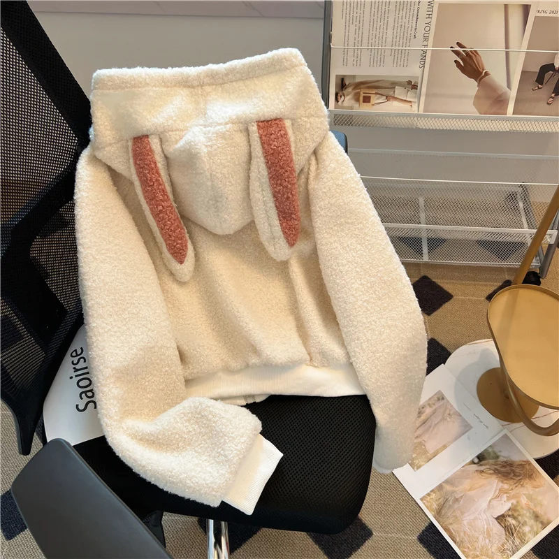 Short Hoodie Coats Women Lamb Wool Thick Loose Solid Color Long Sleeve Japanese Style Rabbit Ears Kawaii Daily Jackets Female