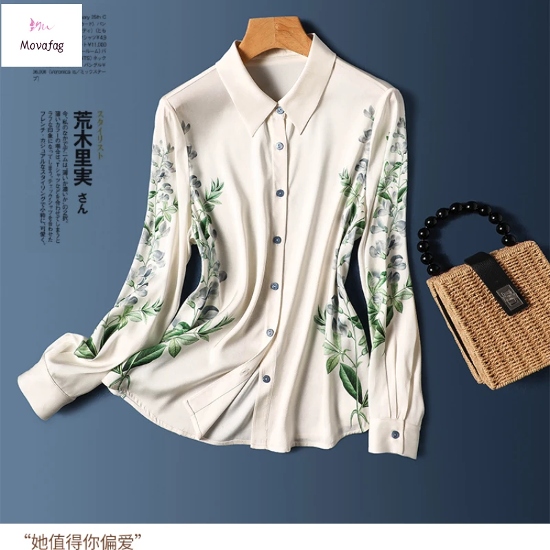 

2024 Summer New Shirt Women Blouse Long Sleeved Satin Surface Printing Lapel Collar Korean Fashion Loose Top