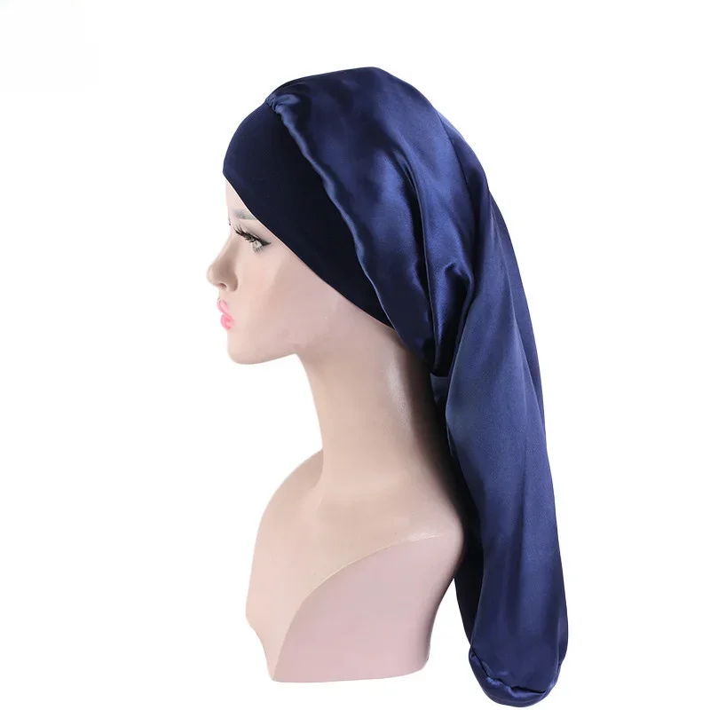 1Pc Simulated Silk Sleeping Hat Curly Hair Oversized Hat Braided Satin Hat Women's Silk Long Barrel Elastic Hairband Hat 6