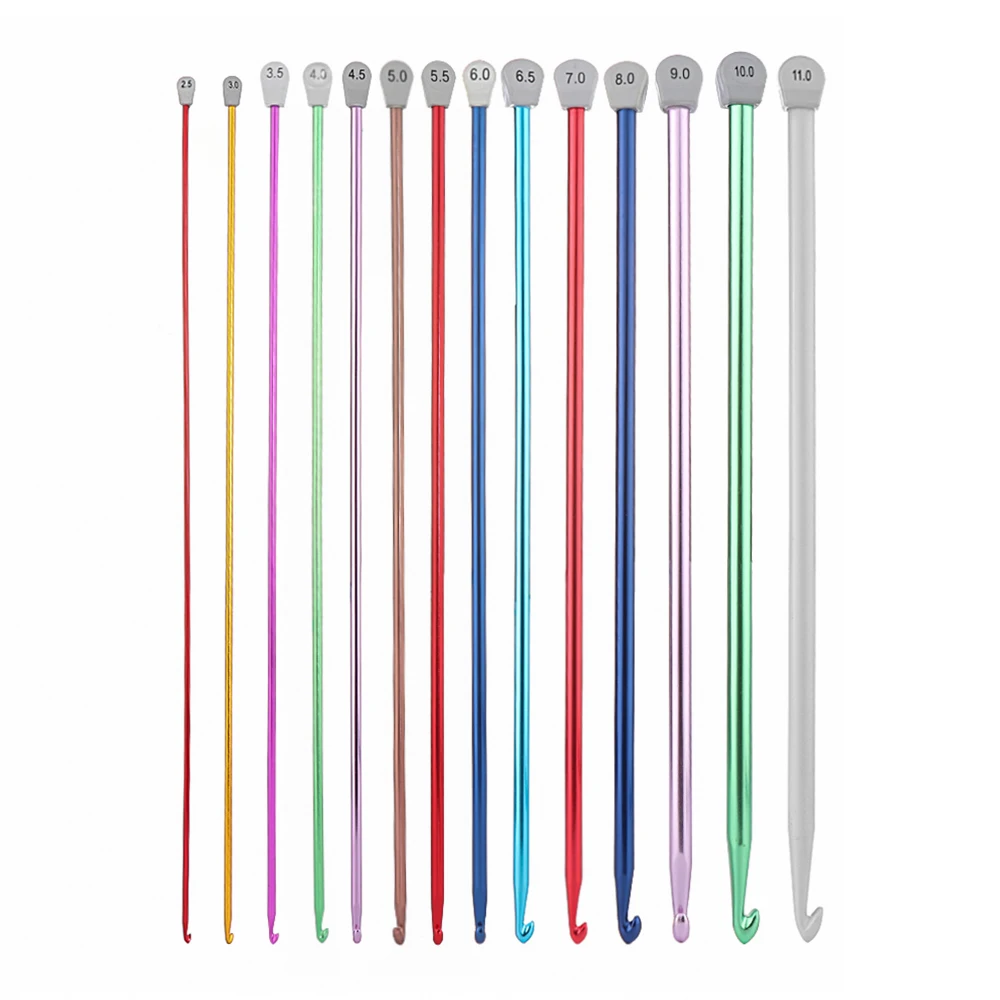 14Size 25mm-11mm Multicolor Tunisian Afghan Crochet Hooks Aluminum Long Needle Sweater Scarf Weaving Tool Knitting Accessories