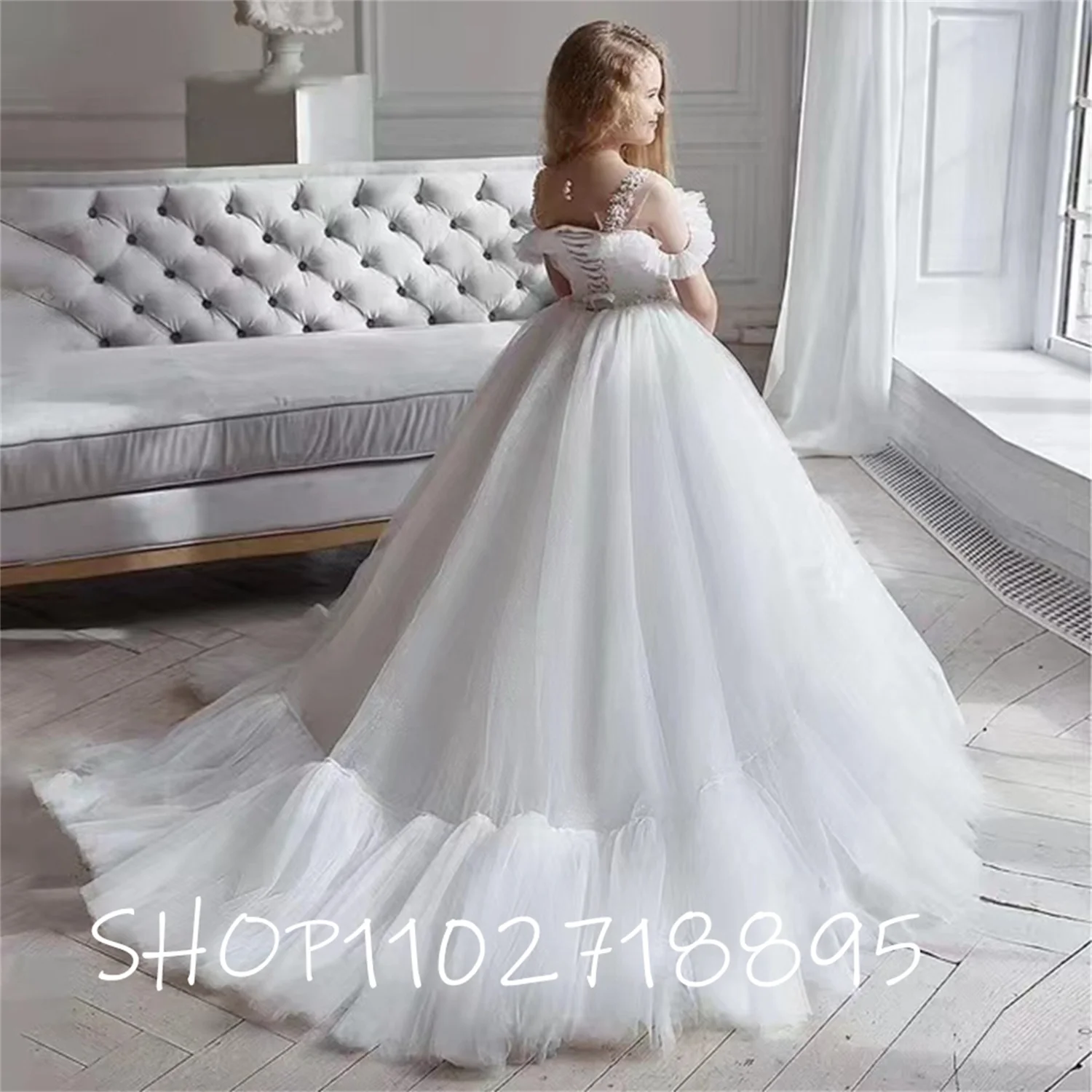 

2022 White Flower Girl Dress Tulle Lace Appliques Off The Shoulder For Wedding Dress Birthday Ball Gown First Communion Dress
