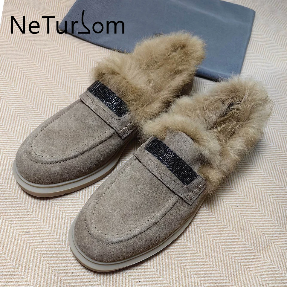 

Autumn Winter New Brand Crystal Flat Shoes Women's Fashion Comfort Driving Shoes Warm Rabbit Hair Cotton Shoes Large Size 35-42