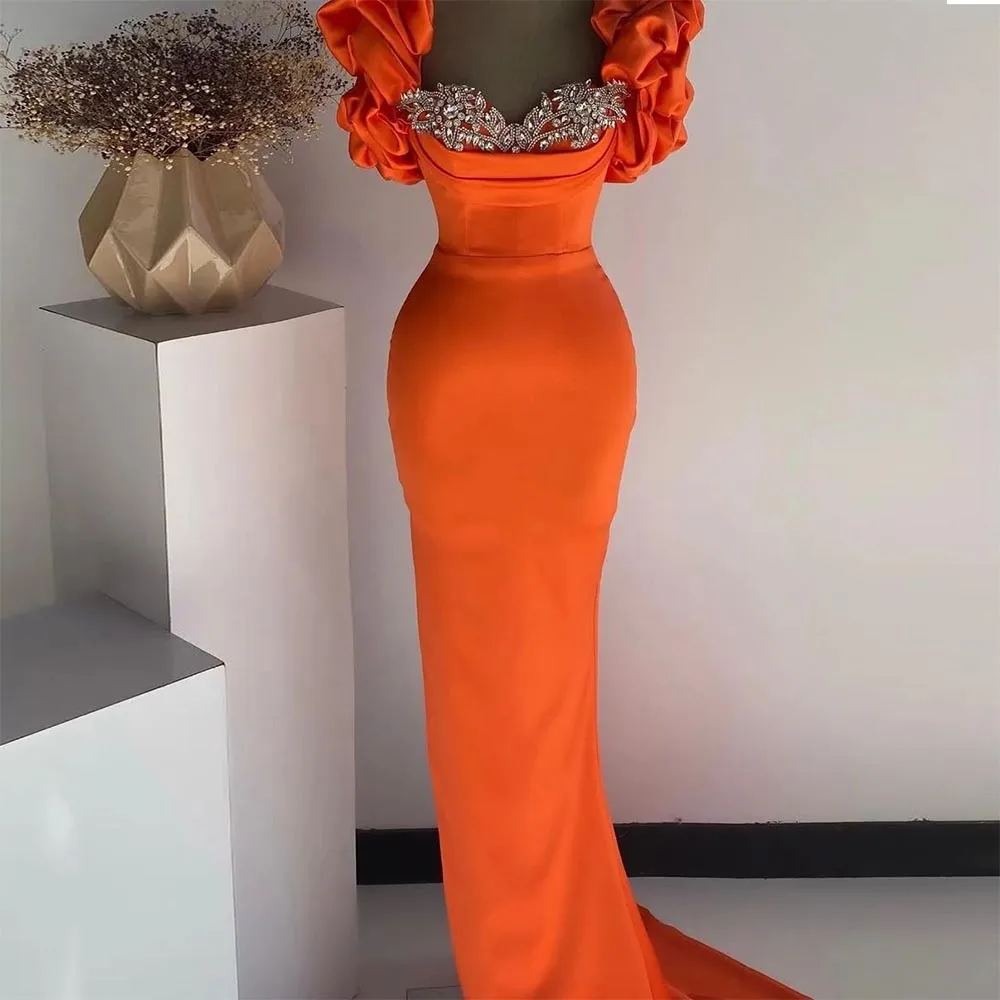 

Оранжевое атласное платье-Русалка с бусинами и рукавами-фонариками, платье для выпускного вечера с кристаллами, плиссированное вечернее платье с рюшами и сердечком, платье для свадебной вечеринки, 2022